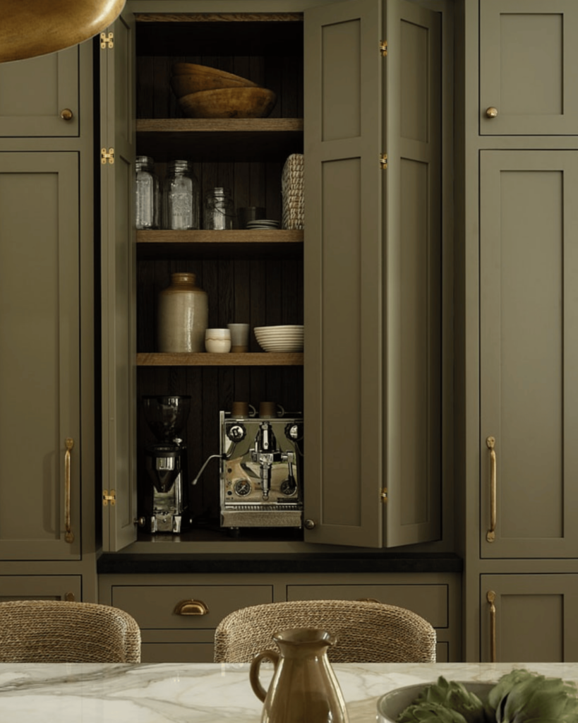 organic kitchen with green cabinets designed by Tiffany Leigh Design