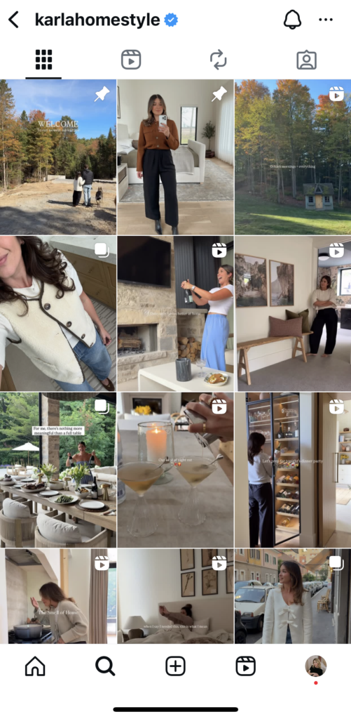 Screenshot of Karla Home Style’s Instagram profile, showing how interior designers can use affiliate marketing through social media to share products and inspire followers.