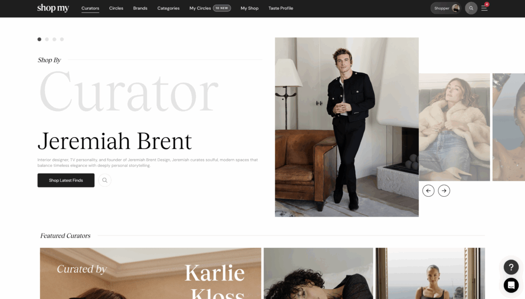 ShopMy website featuring interior designer Jeremiah Brent as a curator, shown standing beside a leather armchair in a modern living room with text introducing him and a button to shop his latest finds.