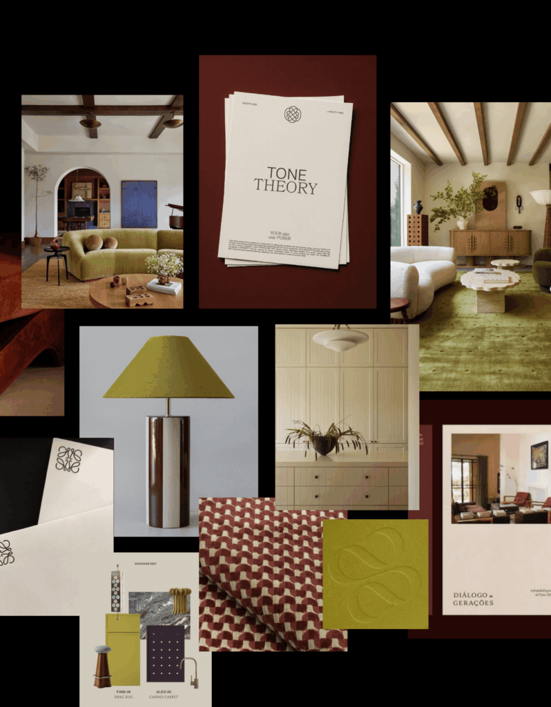 Interior design brand board 'Tone Theory' illustrating a retro-contemporary aesthetic. Key elements include floor-to-ceiling cream millwork, moss green carpeting, curved furniture silhouettes, and velvet textile samples.