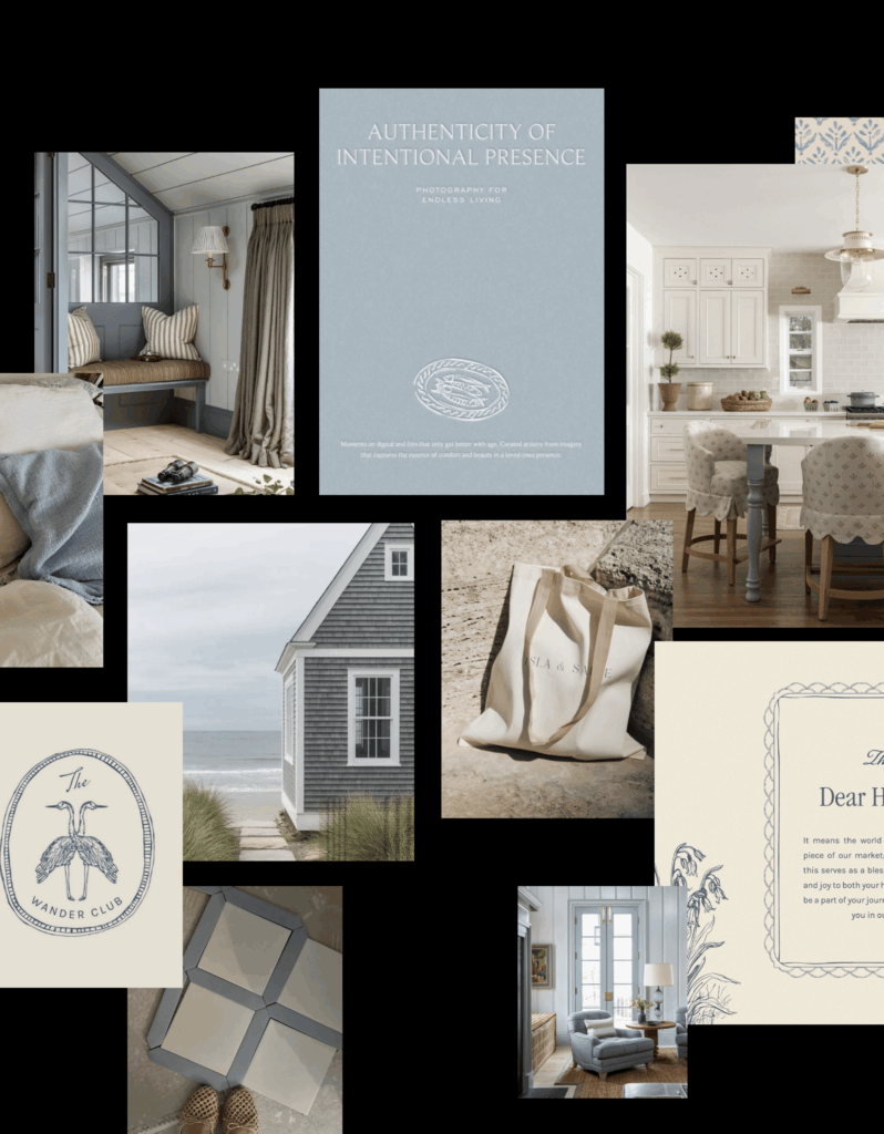 Classic coastal aesthetic mood board illustrating semi-custom cabinetry potential. Features include inset kitchen cabinets, a built-in window seat with beadboard detailing, geometric blue and white tile samples, and 'Authenticity of Intentional Presence' typography.