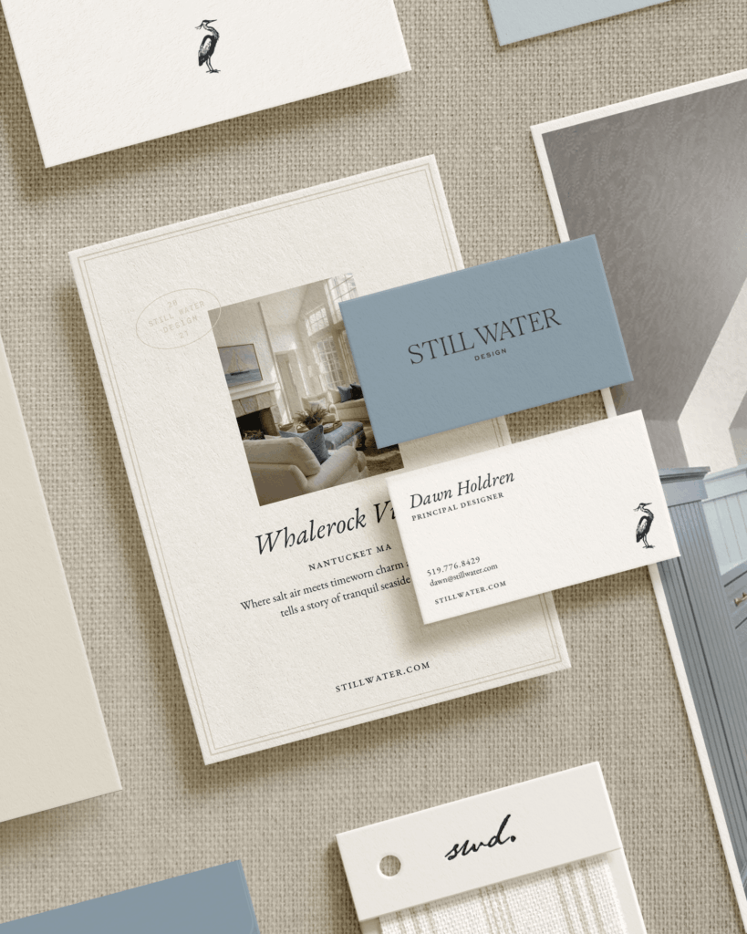 Stillwater Design stationery suite illustrating a high-end coastal aesthetic. Visuals include a 'Whalerock' project showcase, fabric samples, and the principal designer's business card, highlighting the brand's focus on luxury residential interiors.