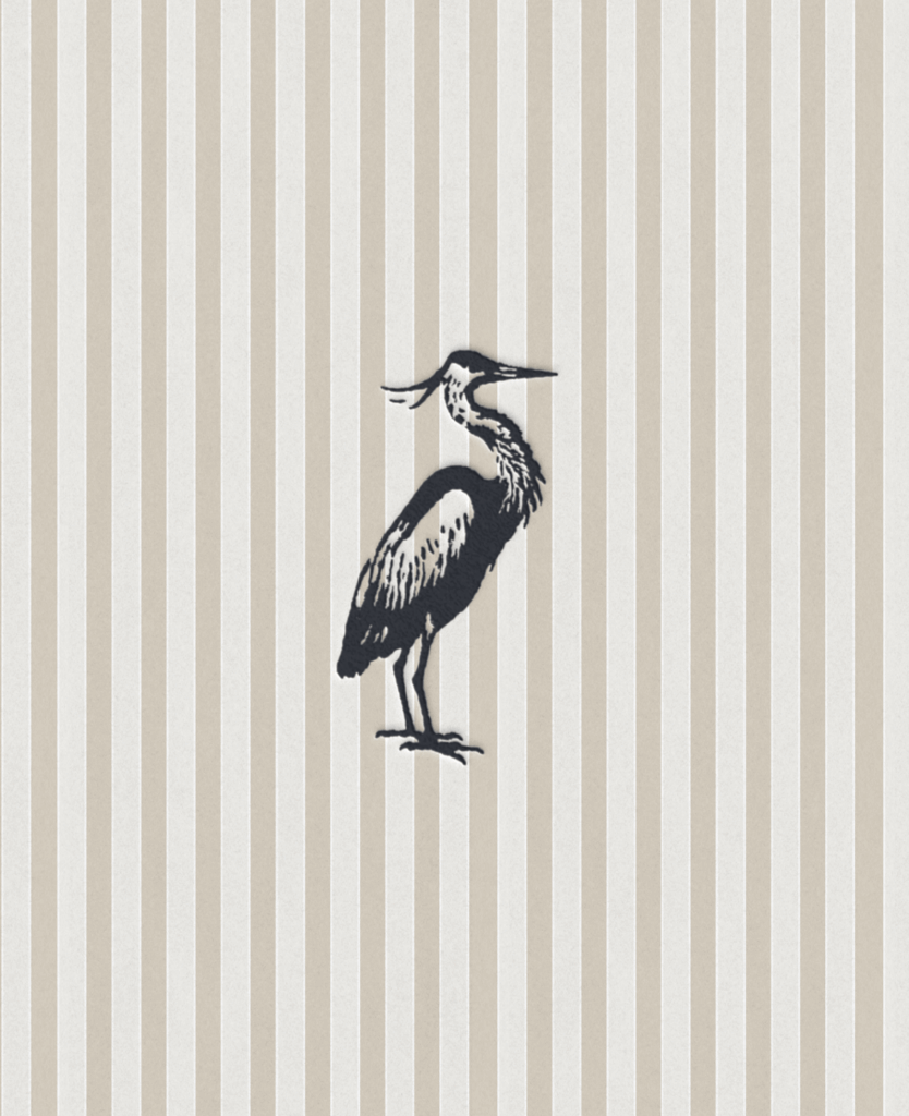 Stillwater brand identity detail showing a classic heron illustration on a striped pattern background, representing a timeless, coastal semi-custom aesthetic.