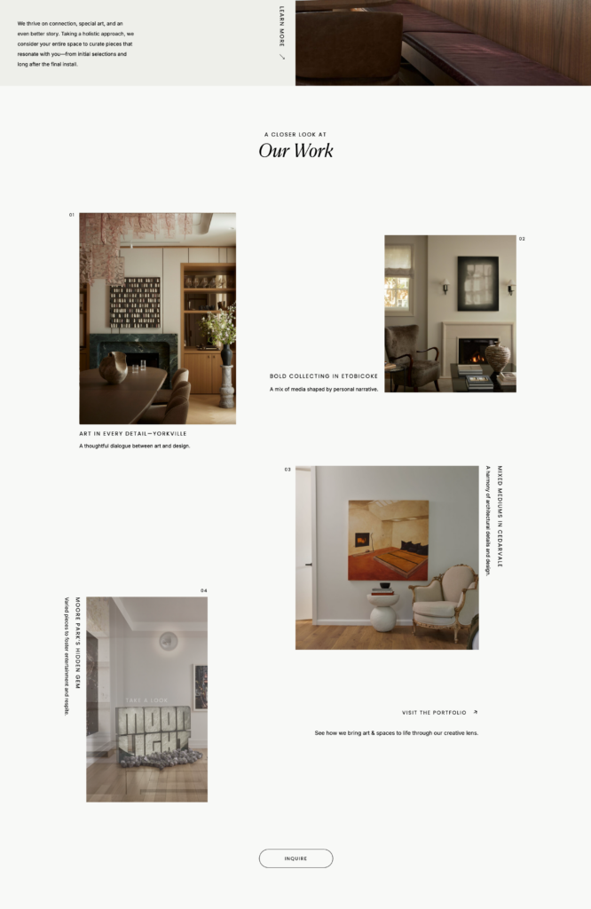 Minimalist interior design portfolio website template featuring ample white space, elegant typography, and an asymmetrical layout showcasing curated room photos.