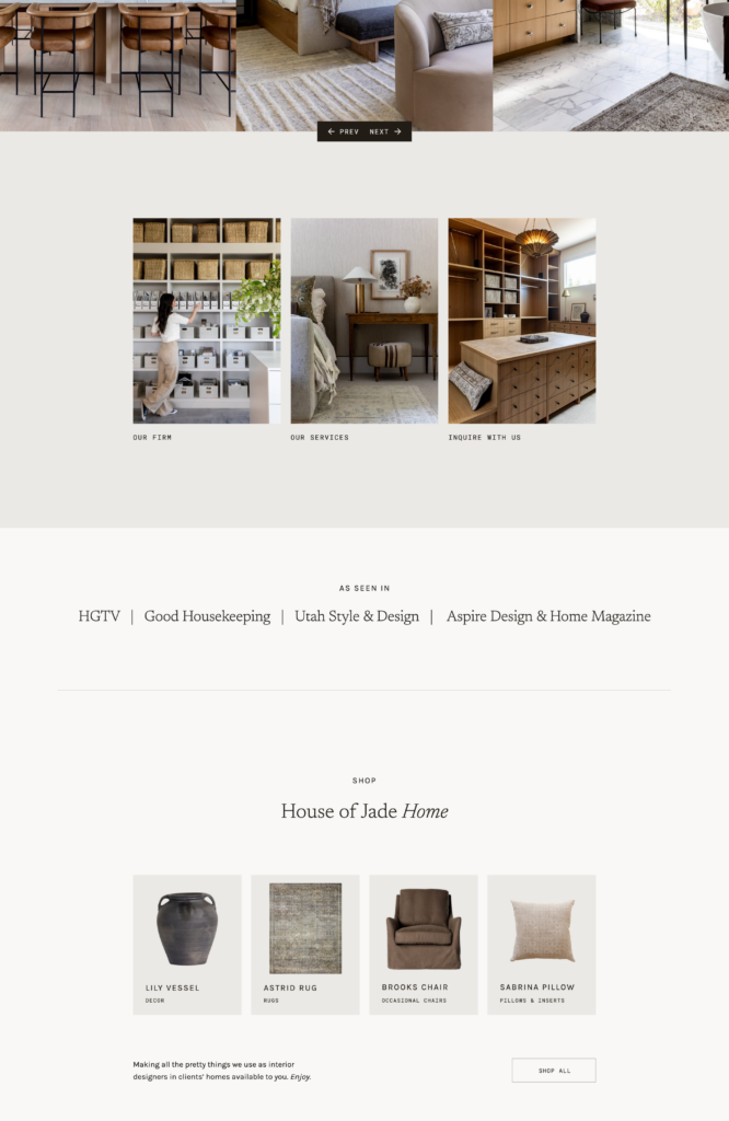 Website template for a home decor brand, showing an 'As Seen In' press banner above a clean, organized grid of product thumbnails on a light background.
