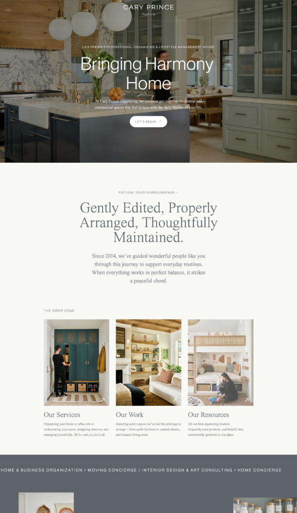 Elegant home organization website template featuring a large hero image of a tidy kitchen over a calming, neutral layout with a three-column navigation grid.