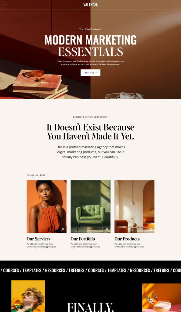 Bold and modern marketing agency website template featuring high-contrast warm colours, striking typography, and a clean three-column grid for services and products.