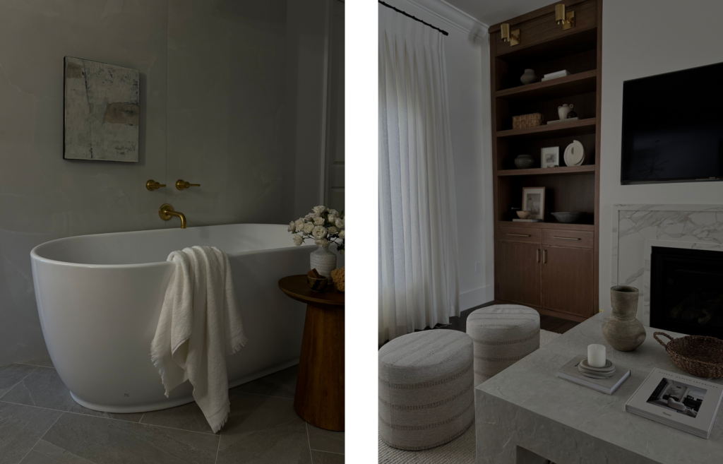 Left side: A luxurious bathroom featuring a modern, freestanding white oval bathtub with a plush white towel draped over the side. Gold fixtures emerge from the grey wall, where a small square abstract painting hangs. A dark wood side table next to the tub holds a small vase of white roses.
Right side: A cozy living space viewed from a low angle, showing a textured concrete coffee table with a candle and interior design books. In the background, two small patterned cylindrical ottomans sit in front of a tall, dark wood built-in bookshelf filled with minimalist ceramics and framed photos.