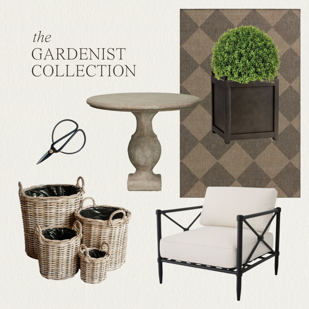 A curated garden-inspired moodboard featuring a weathered stone pedestal table, wicker garden baskets, iron garden shears, a boxwood topiary planter, a checkered outdoor rug, and a black metal outdoor lounge chair beneath the title “The Gardenist Collection.”