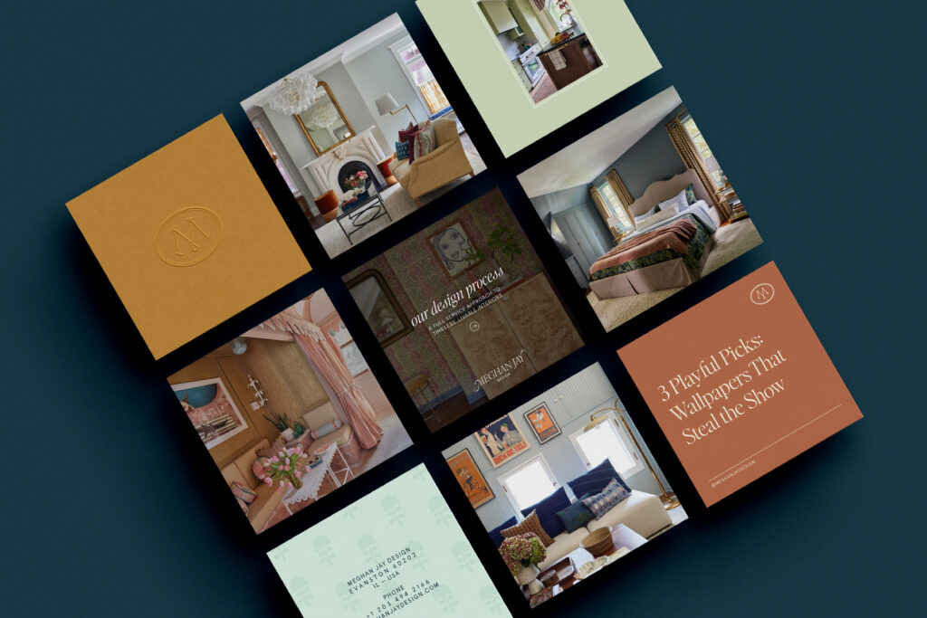 A dynamically tilted grid of square images against a dark teal background, resembling a stylized social media feed. The tiles alternate between photos of elegantly designed home interiors—such as living rooms and bedrooms—and branded text graphics with the name "Meghan Jay Design".