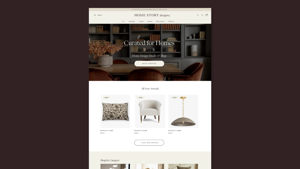 The desktop homepage of the Home Story designs e-commerce store, highlighting a curated dining room hero image above a clean, organized section for new home décor arrivals.
