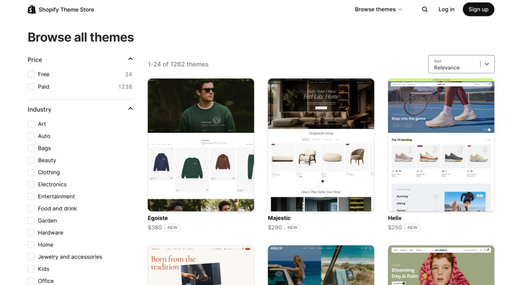 The Shopify Theme Store browsing interface, displaying a grid of various e-commerce website templates alongside a sidebar for filtering themes by price and industry.
